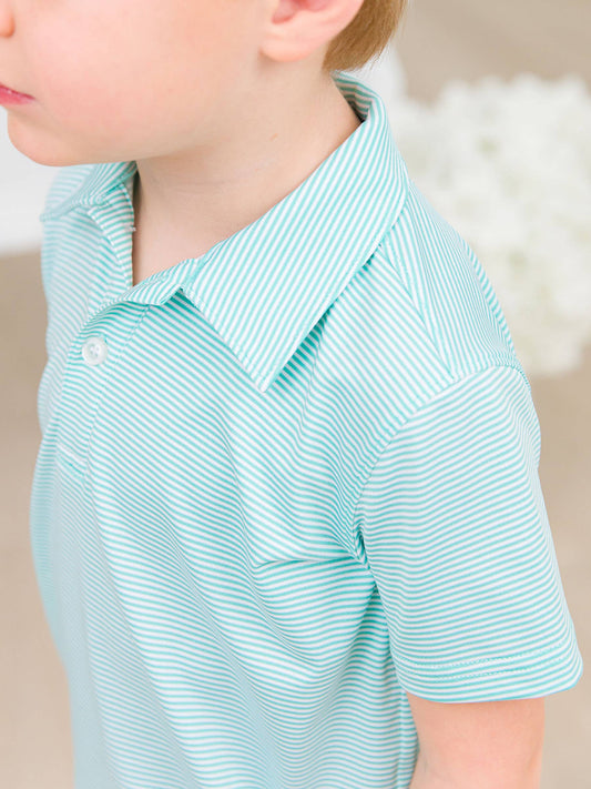 Boys Marine Green Micro Stripe Knit Short Sleeve Performance Polo: Green