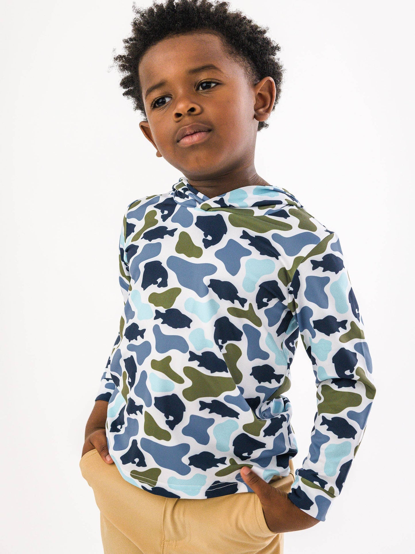 Boys Fish Camo Catch Performance Hooded Shirt: Multi-Color