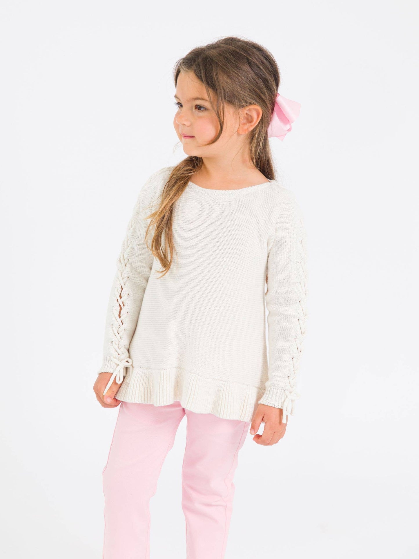 Girls Ivory Ruffle Hem Lace Up Sweater: Off-White