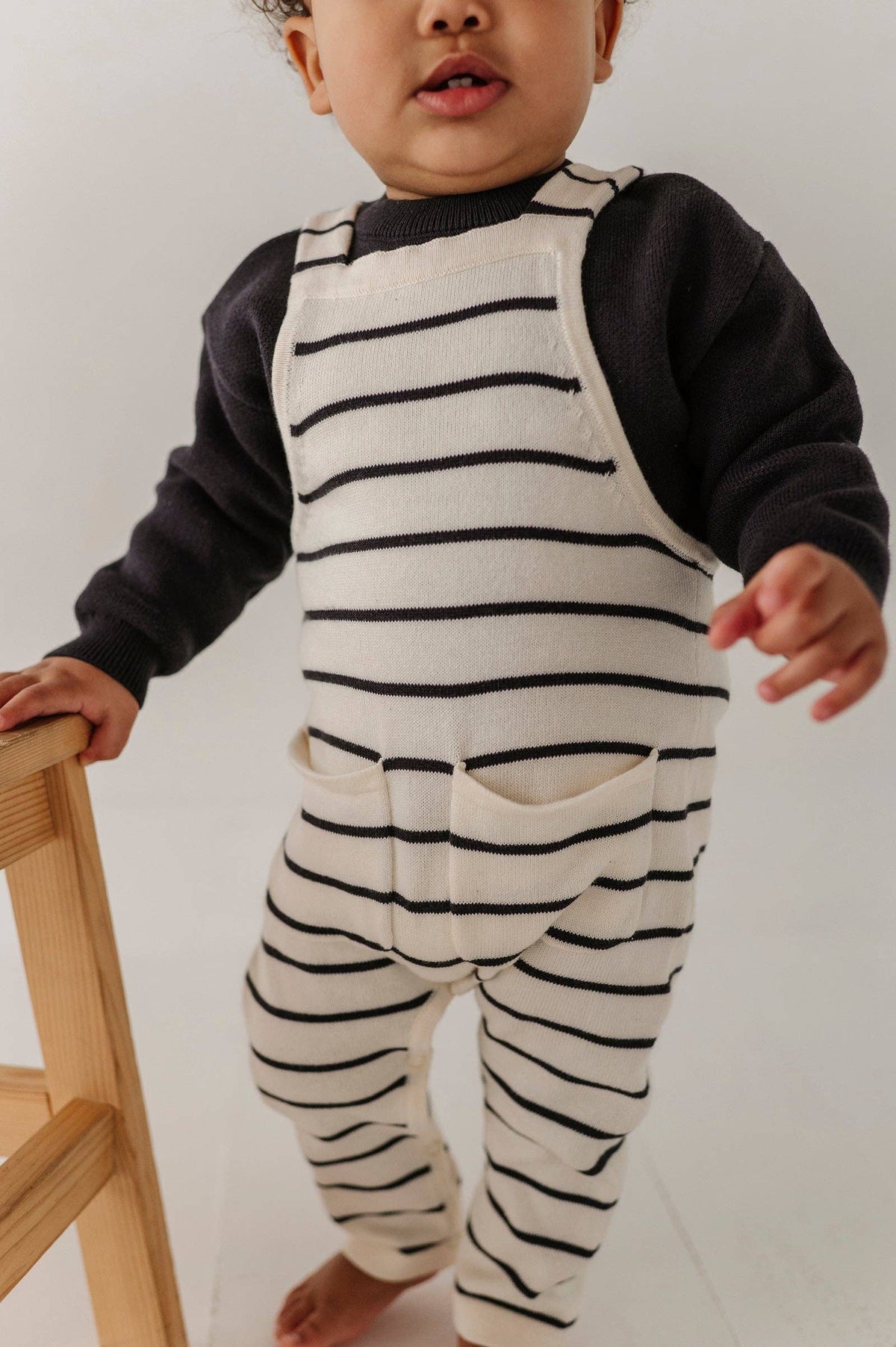 Babysprouts Knit Pocket Overalls: Charcoal Stripe