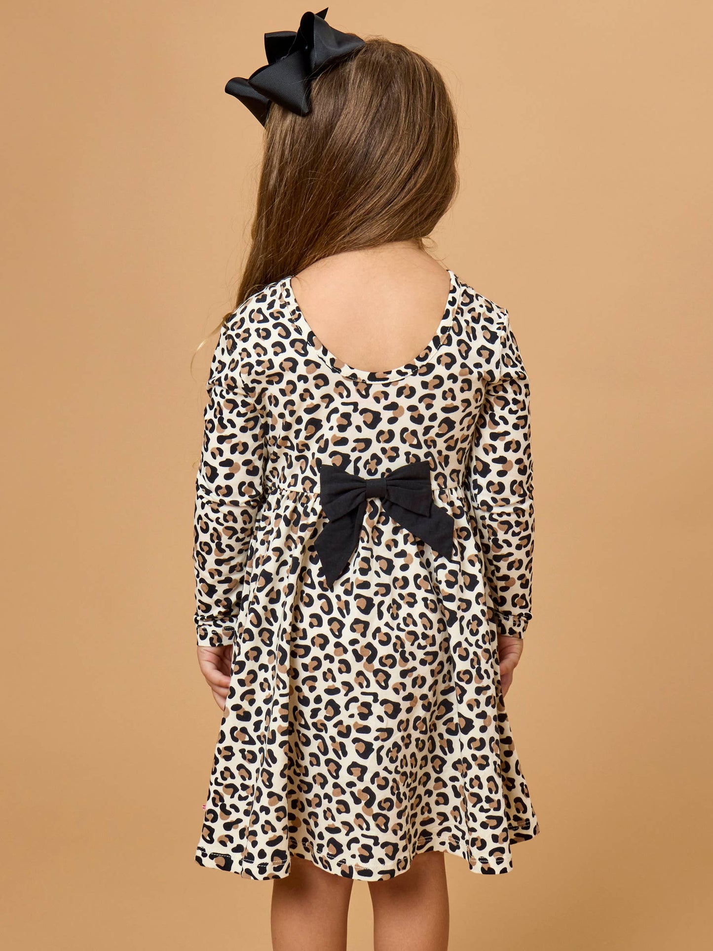Girls Classic Leopard Knit Long Sleeve Twirl Dress: Multi-Color