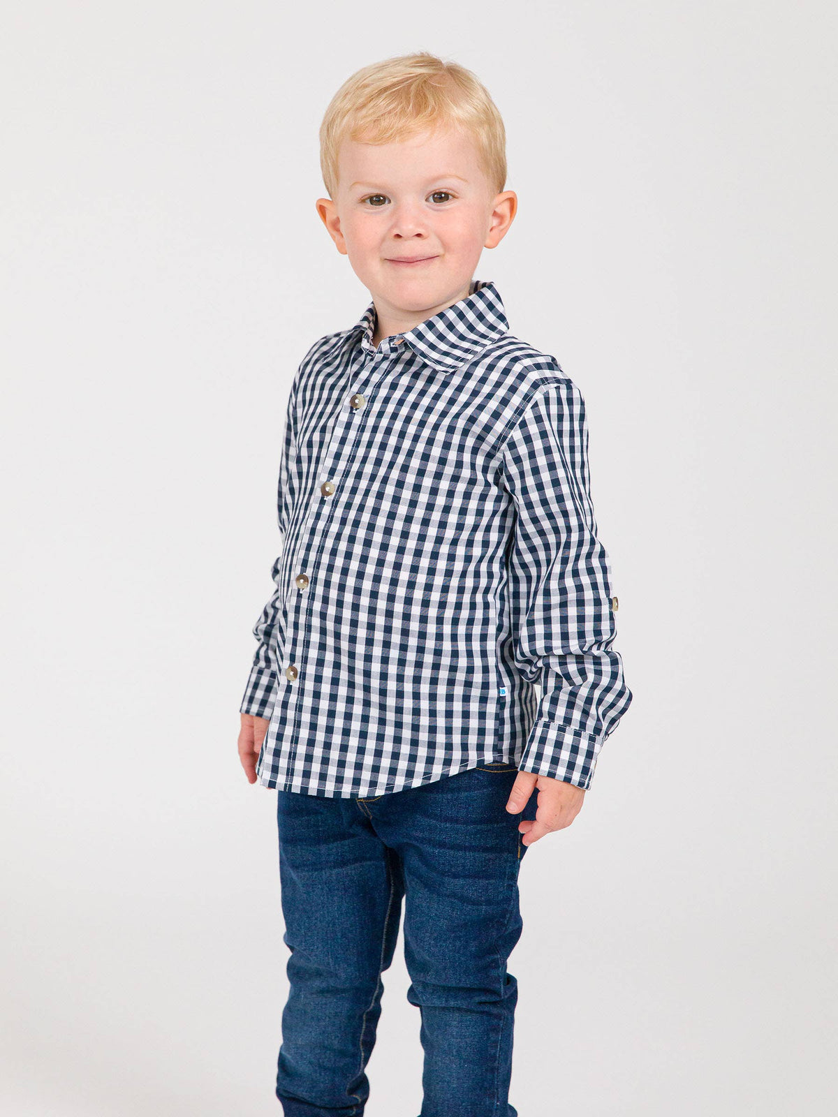 Boys Classic Dark Navy Gingham Long Sleeve Button Down Shirt: Navy