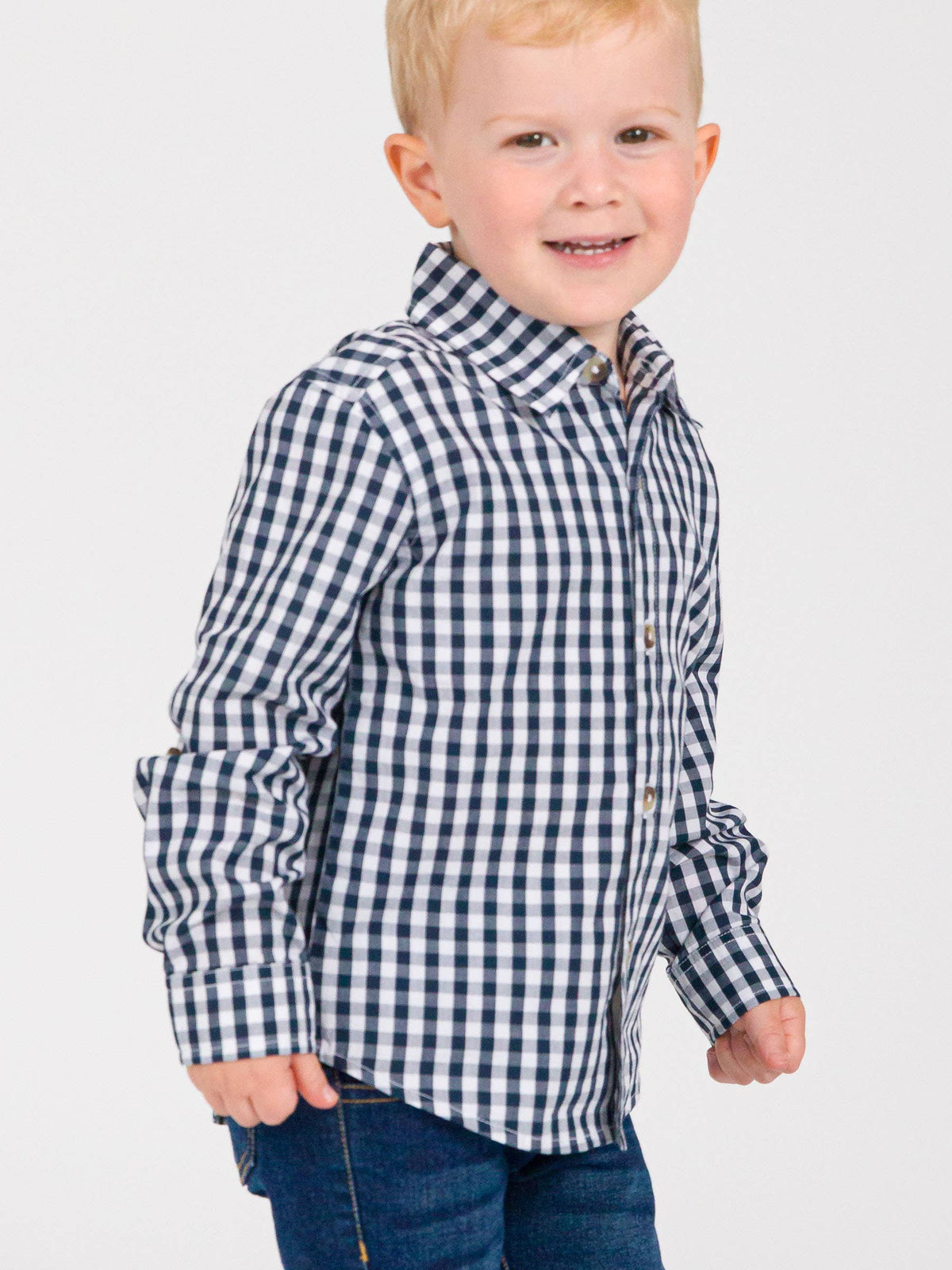 Boys Classic Dark Navy Gingham Long Sleeve Button Down Shirt: Navy
