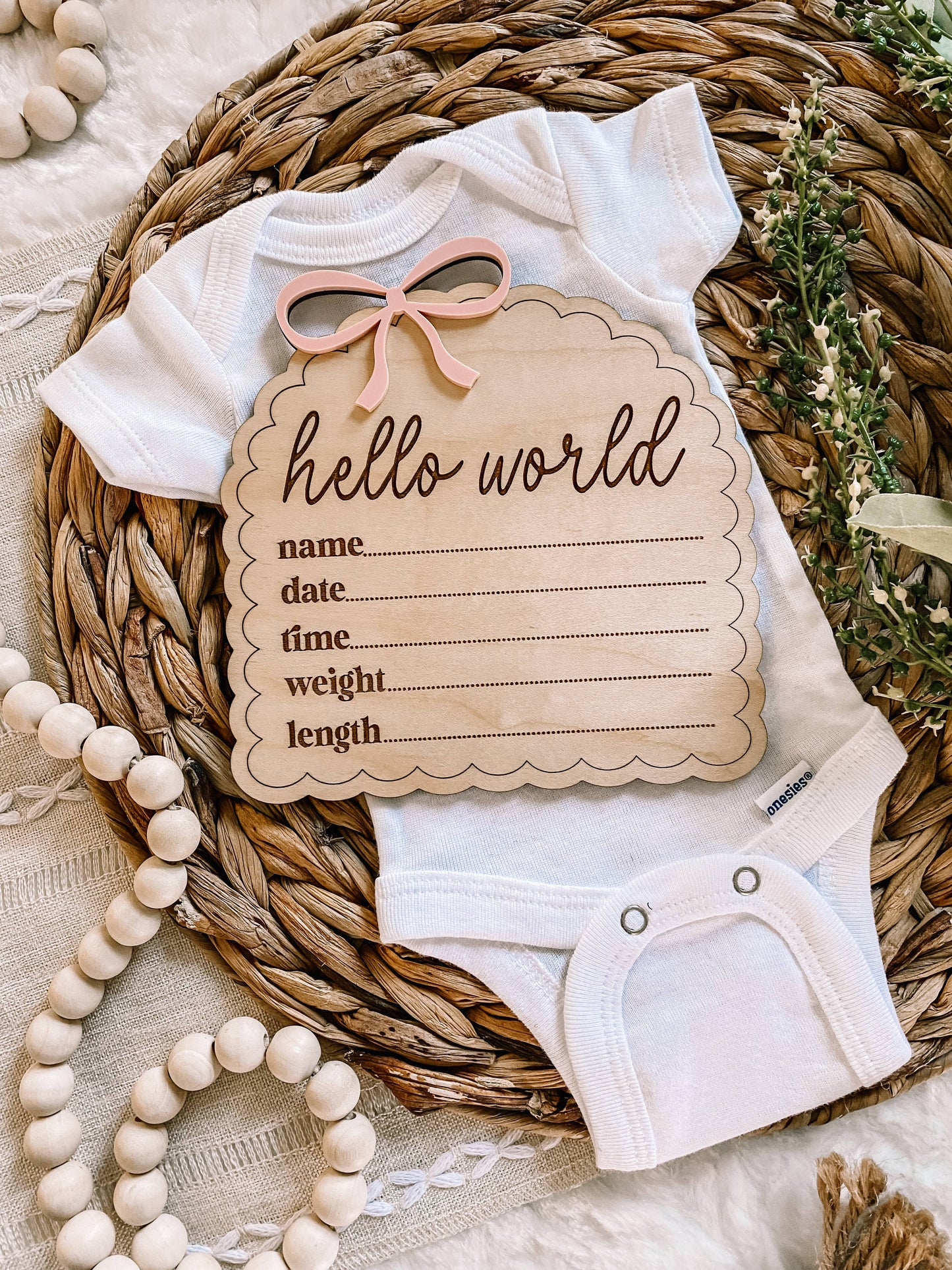 Hello World Birth Stat Sign - Dainty Bow: Blush