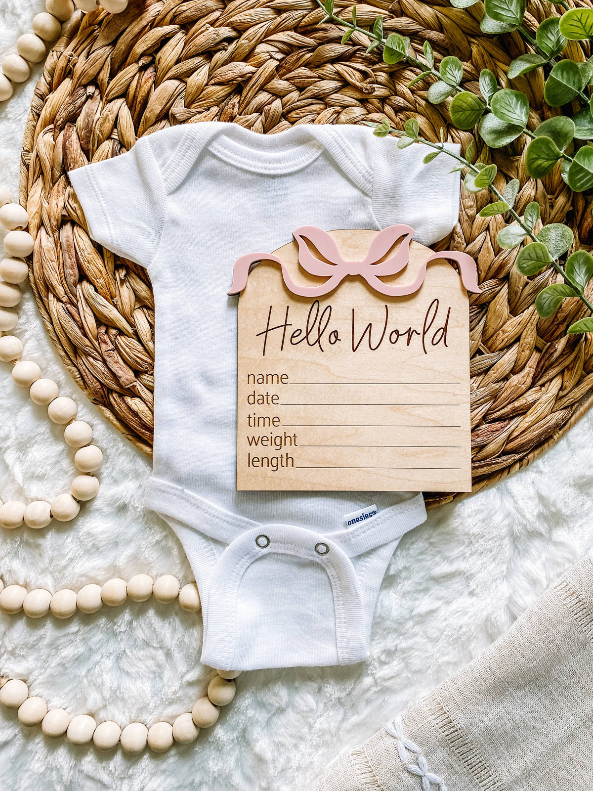 Hello World Birth Stat Sign - Bows: Blush