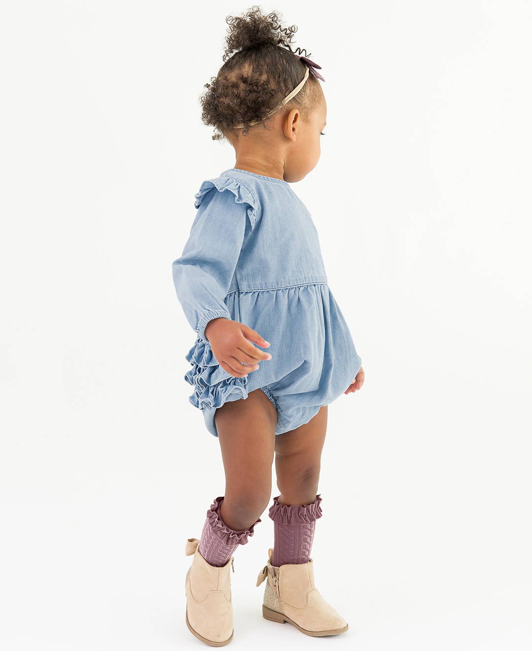 Baby Girls Light Wash Long Sleeve Flutter Bubble Romper: Blue