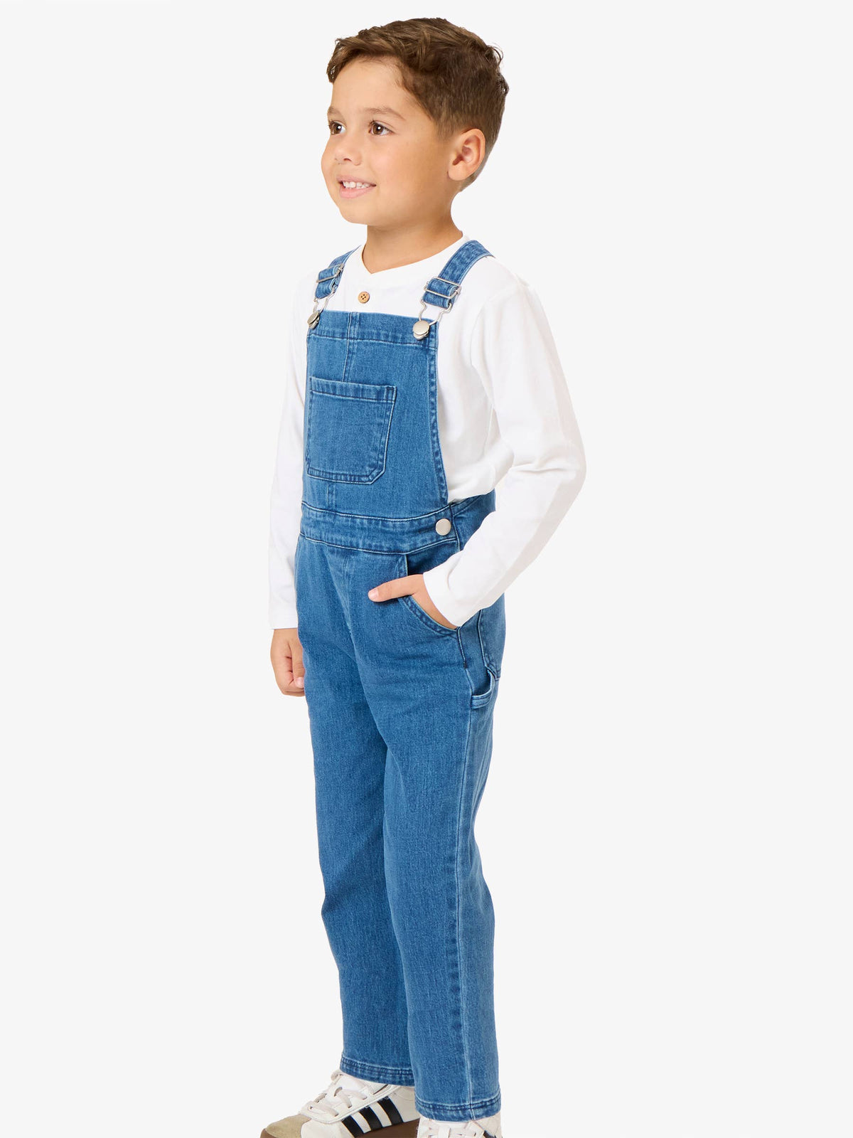 Medium Wash Stretch Denim Overalls: Blue