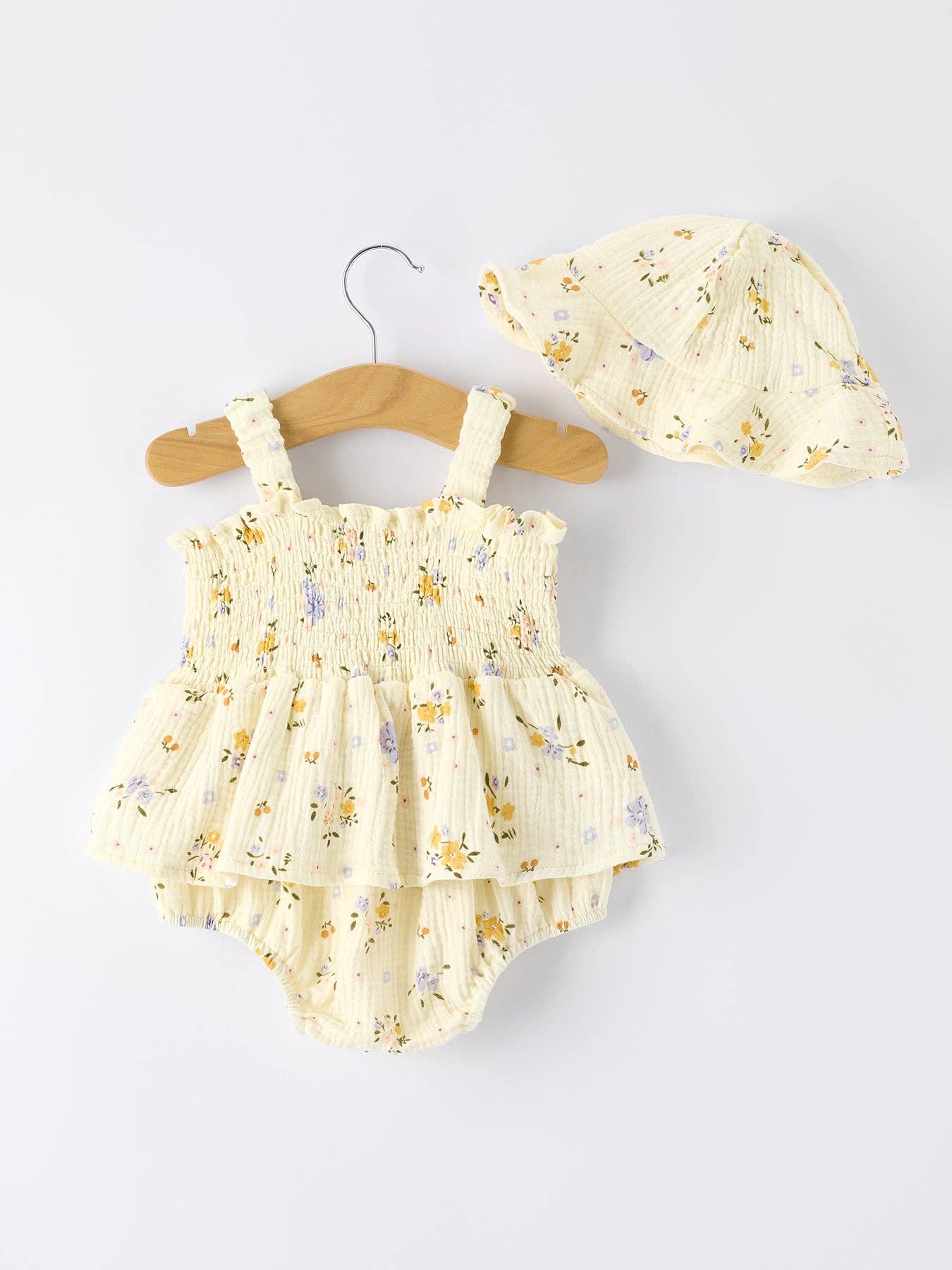 Muslin Floral Smocked Baby Romper with Matching Hat: 12M