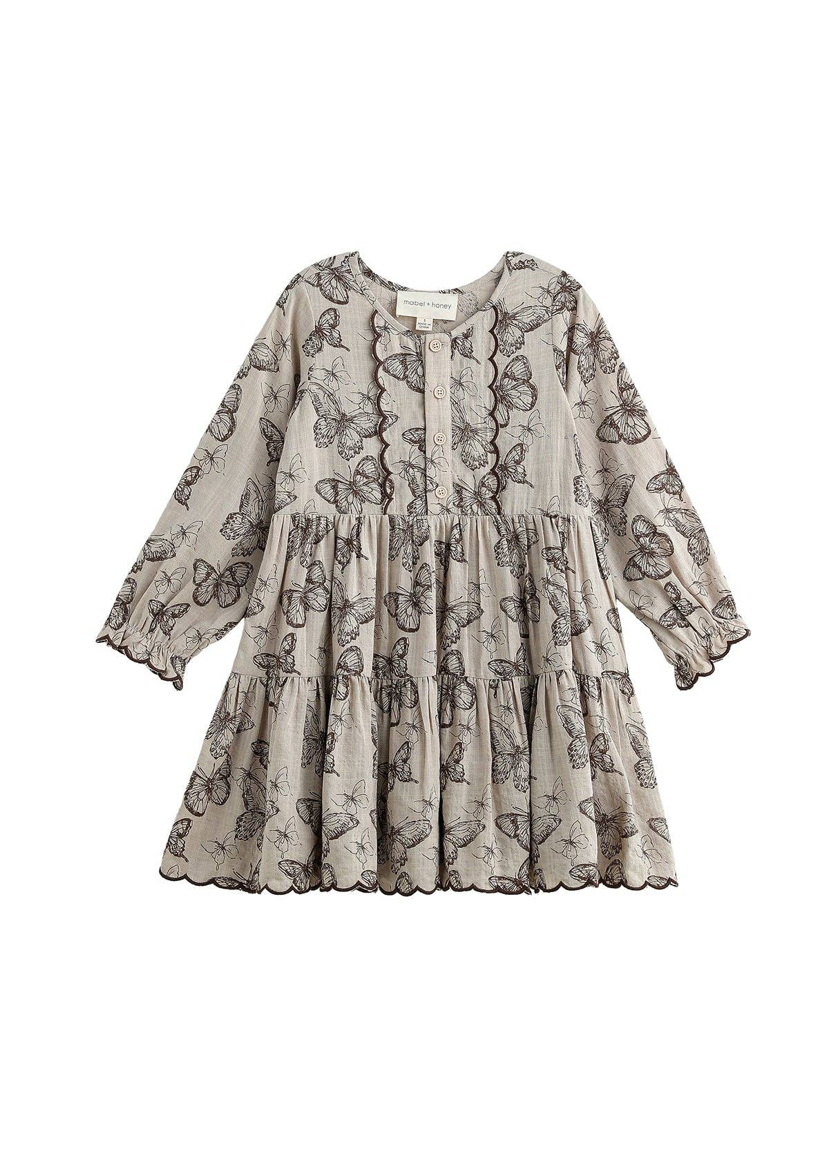 Miss Maple Long Sleeve Tiered Scalloped Dress: Brown