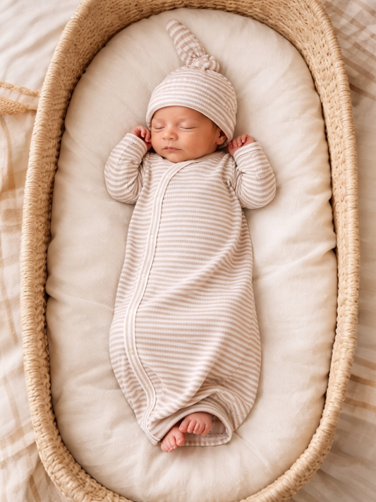 Tan Stripe / Ribbed Gown: 0-3M