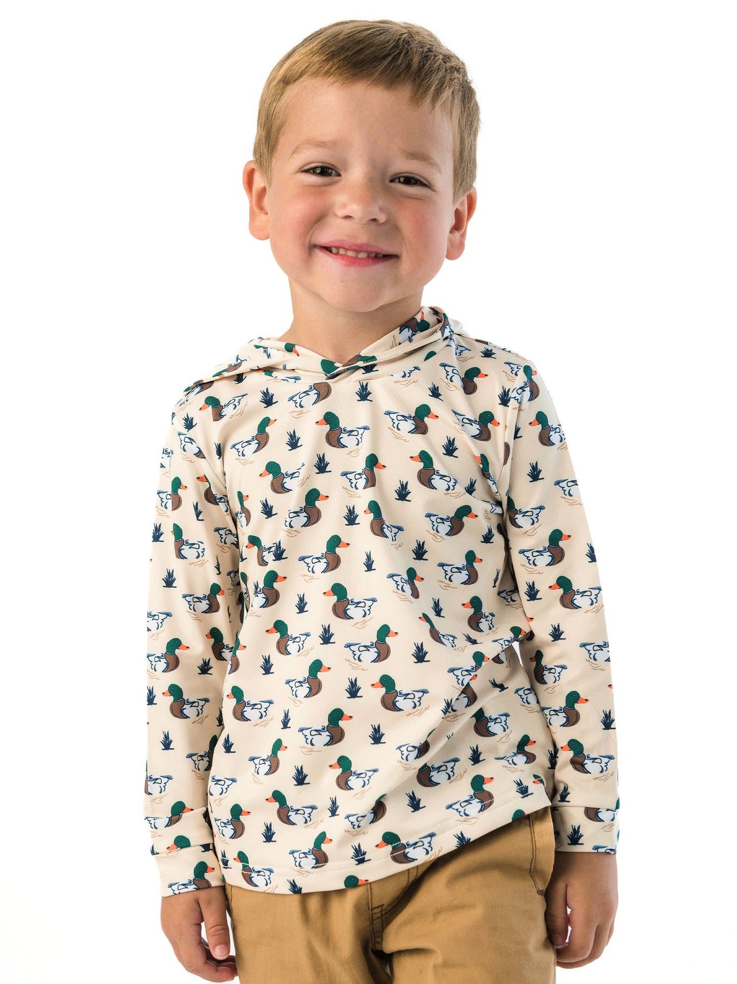 Boys Mallard Marsh Duck Performance Hooded Shirt: Off-White