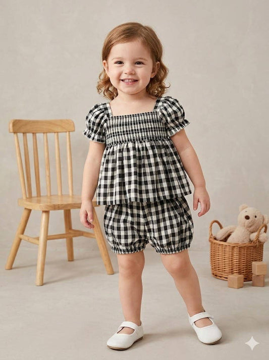 Plaid Girl Smocked Set Puff Sleeve Bloomer Set