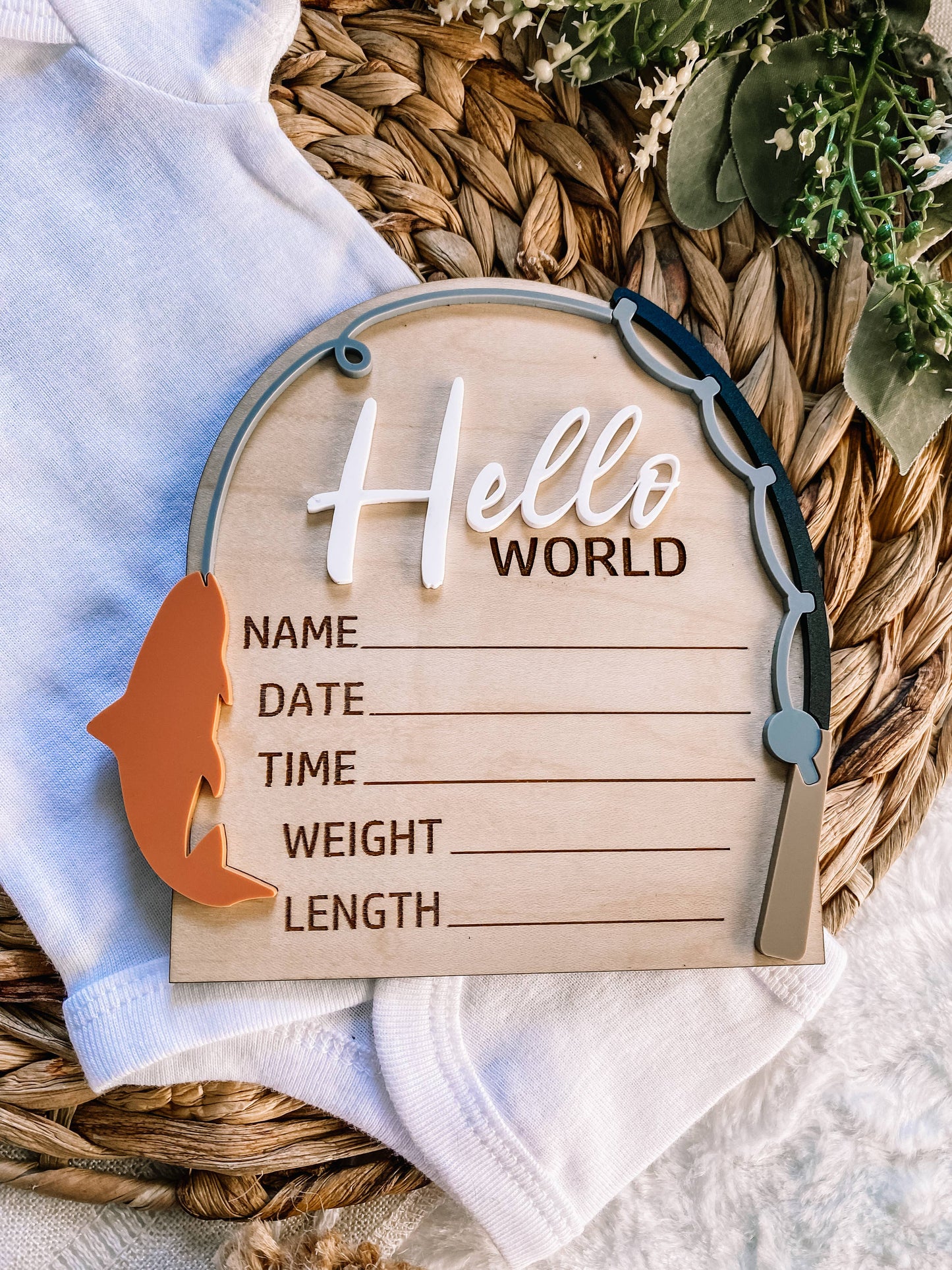 Hello World Birth Stat Sign - Fishing: White