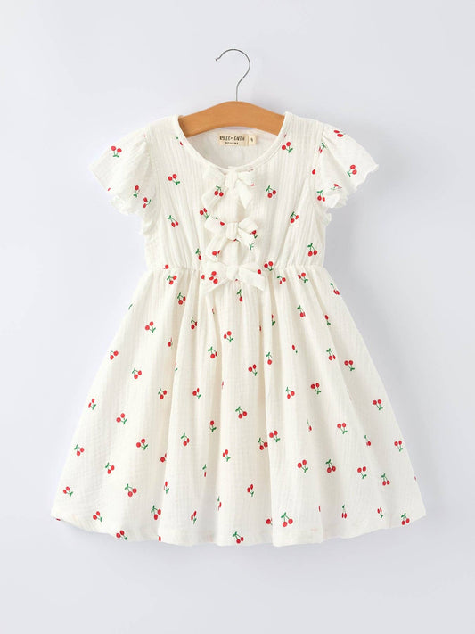 Cherry Print Girls Dress Ruffle Sleeves