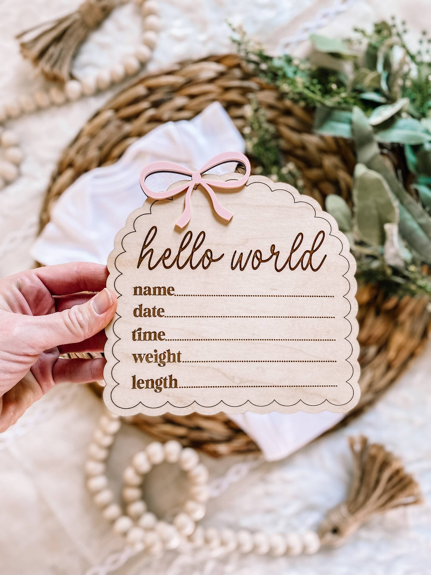 Hello World Birth Stat Sign - Dainty Bow: Blush