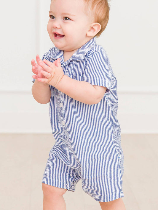 Baby Boys Blue Seersucker Button-Up Romper: Blue