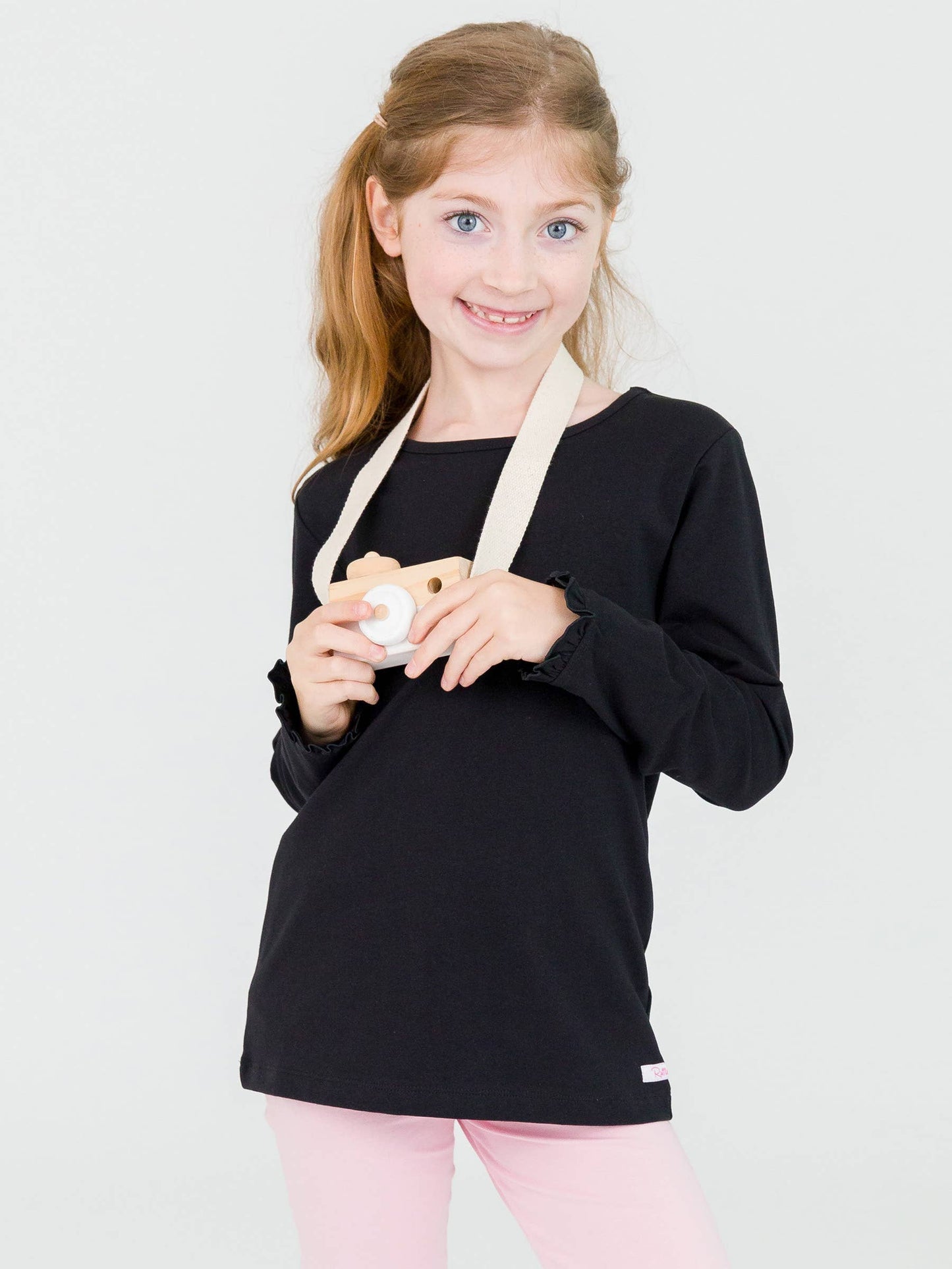 Girls Black Knit Long Sleeve Ruffle Sleeve Top: Black
