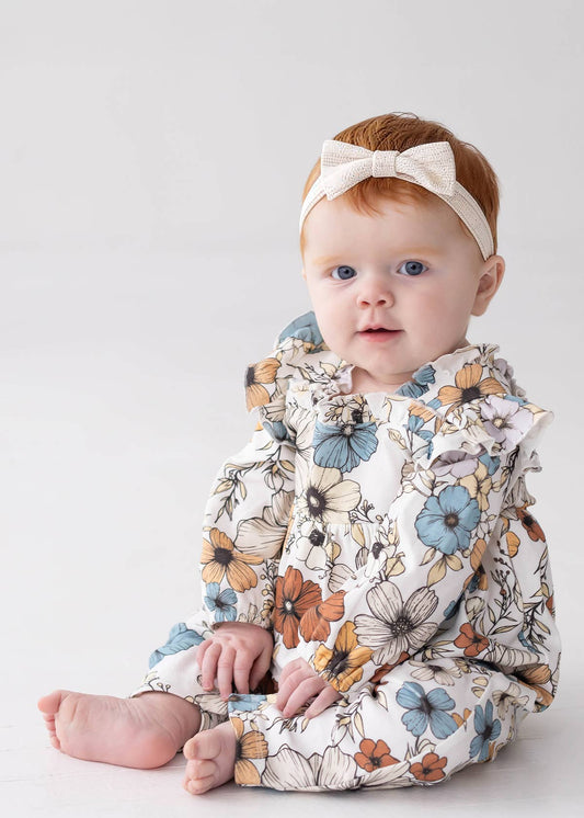 Autumn Blooms Floral Ruffle Neck Straight Leg Romper: Creme
