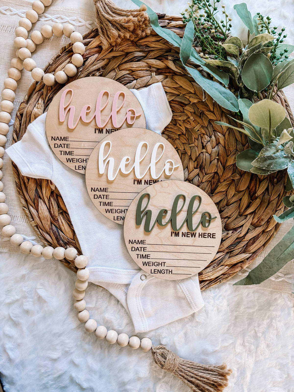 Hello World Birth Stat Announcement Wood Disc - 3D: Navy / 6 inch