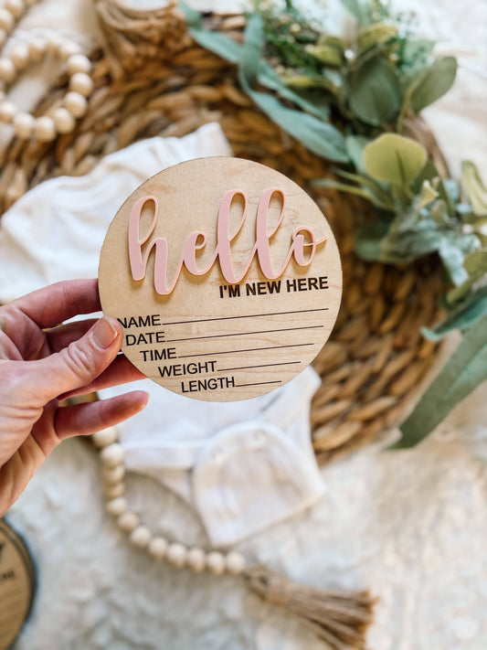 Hello World Birth Stat Announcement Wood Disc - 3D: Blush / 6 inch