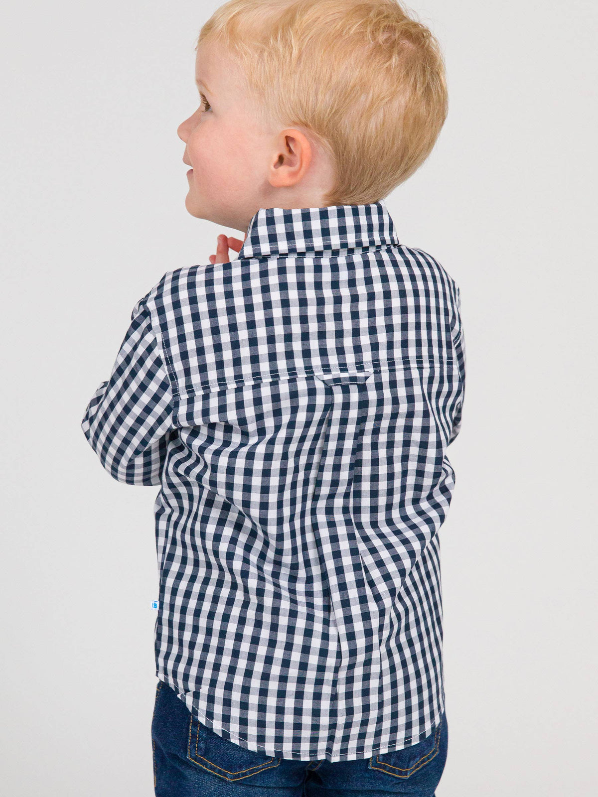 Boys Classic Dark Navy Gingham Long Sleeve Button Down Shirt: Navy