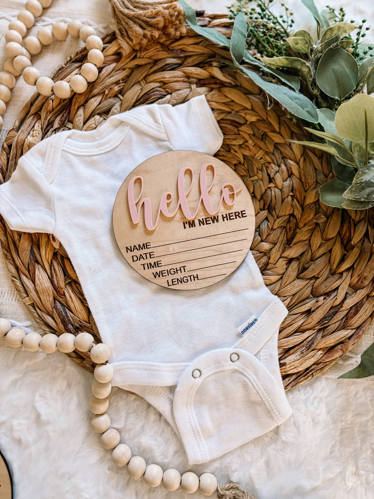 Hello World Birth Stat Announcement Wood Disc - 3D: Blush / 6 inch