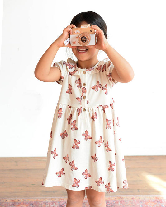 Girl Spring Frill Collar Henley Dress- Butterflies
