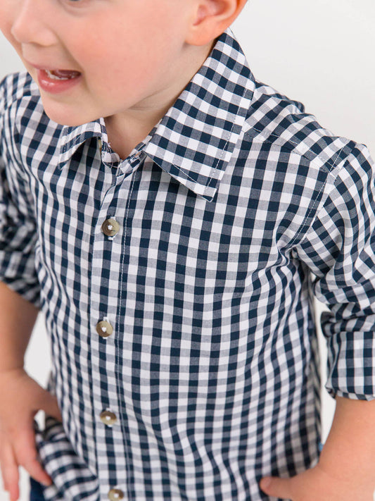 Boys Classic Dark Navy Gingham Long Sleeve Button Down Shirt: Navy