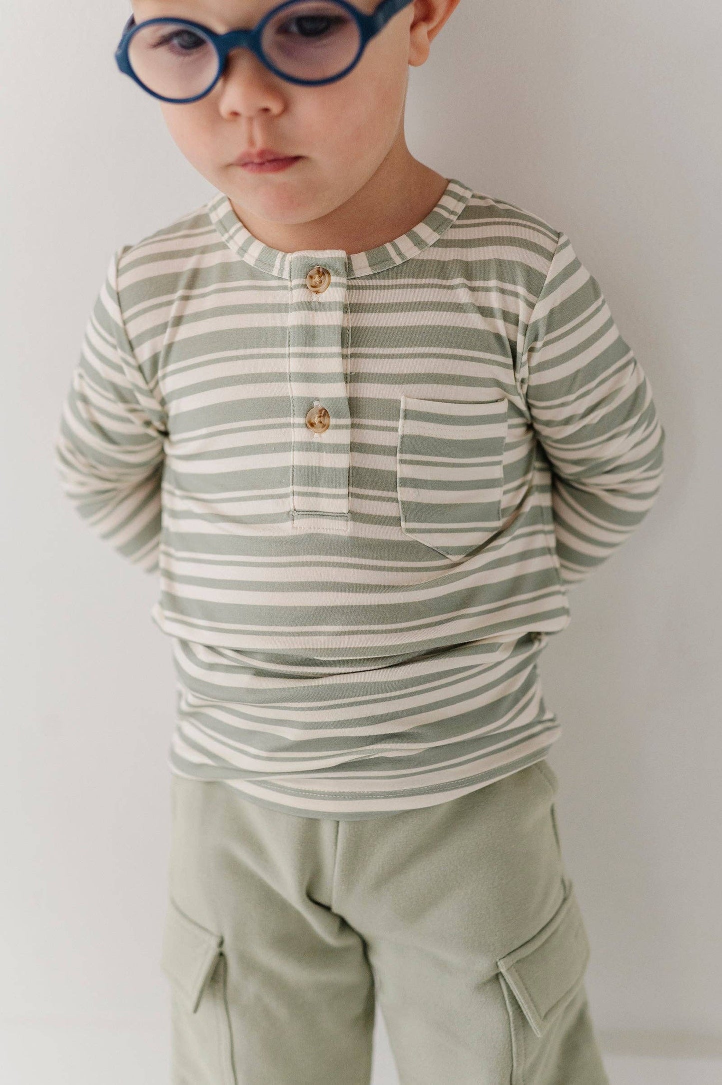 Babysprouts Boy's Long Sleeve Henley Shirt: Sage Stripe