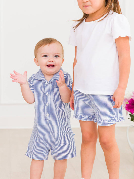 Baby Boys Blue Seersucker Button-Up Romper: Blue