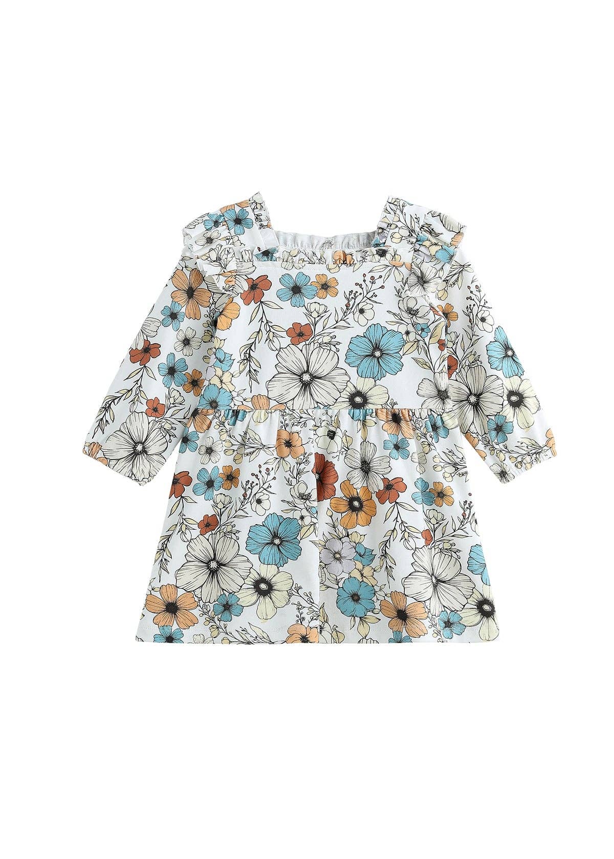 Autumn Blooms Long Sleeve Floral Ruffle Trim A Line Dress: Creme