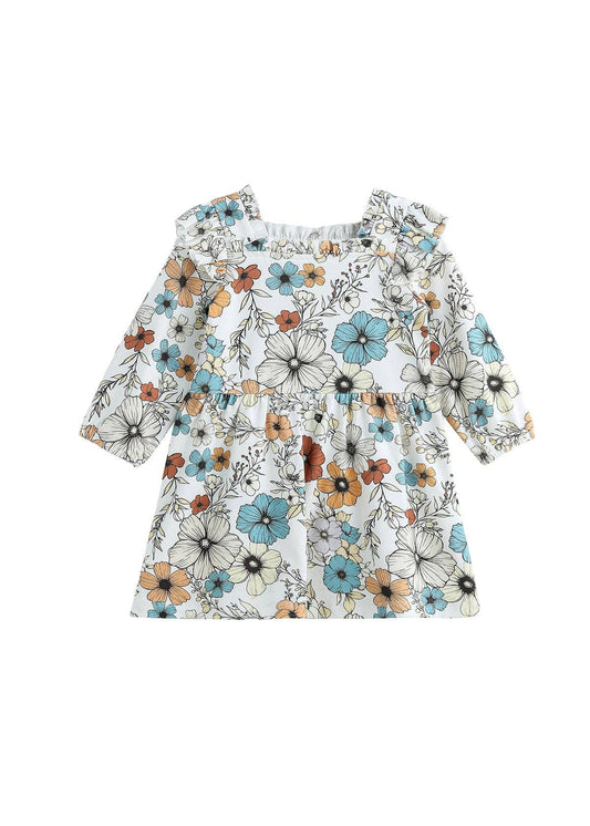 Autumn Blooms Long Sleeve Floral Ruffle Trim A Line Dress: Creme