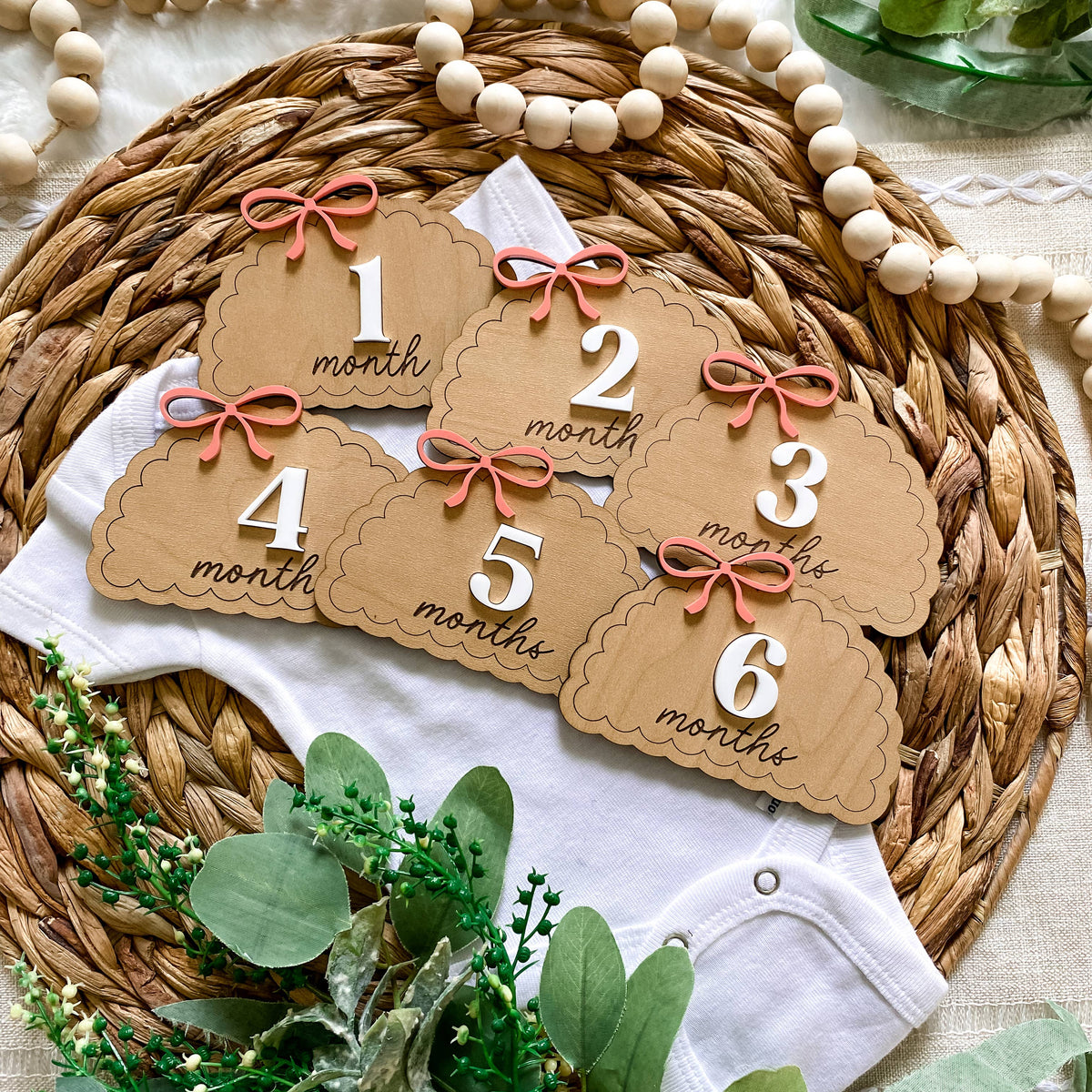 Wooden Monthly Milestone Set - Dainty Bows : Blush