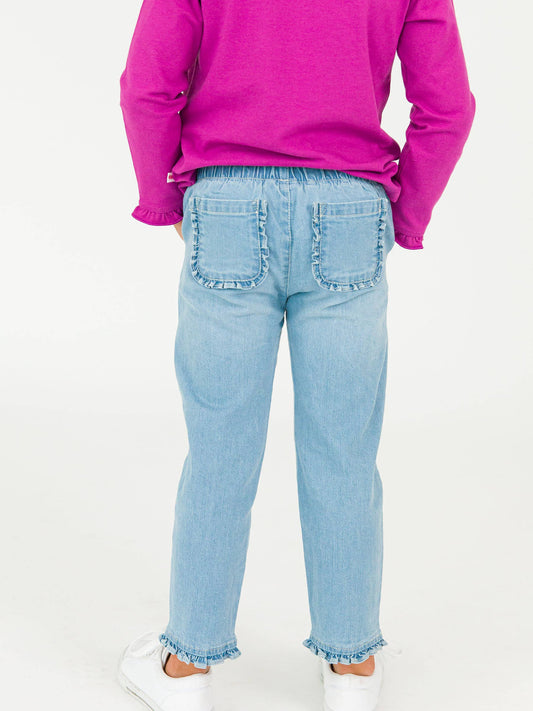 Girls Light Wash Stretch Denim Ruffle Straight Jeans: Blue
