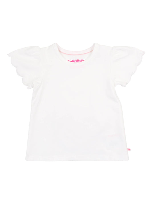Girls White Knit Short Sleeve Scallop Tee: White