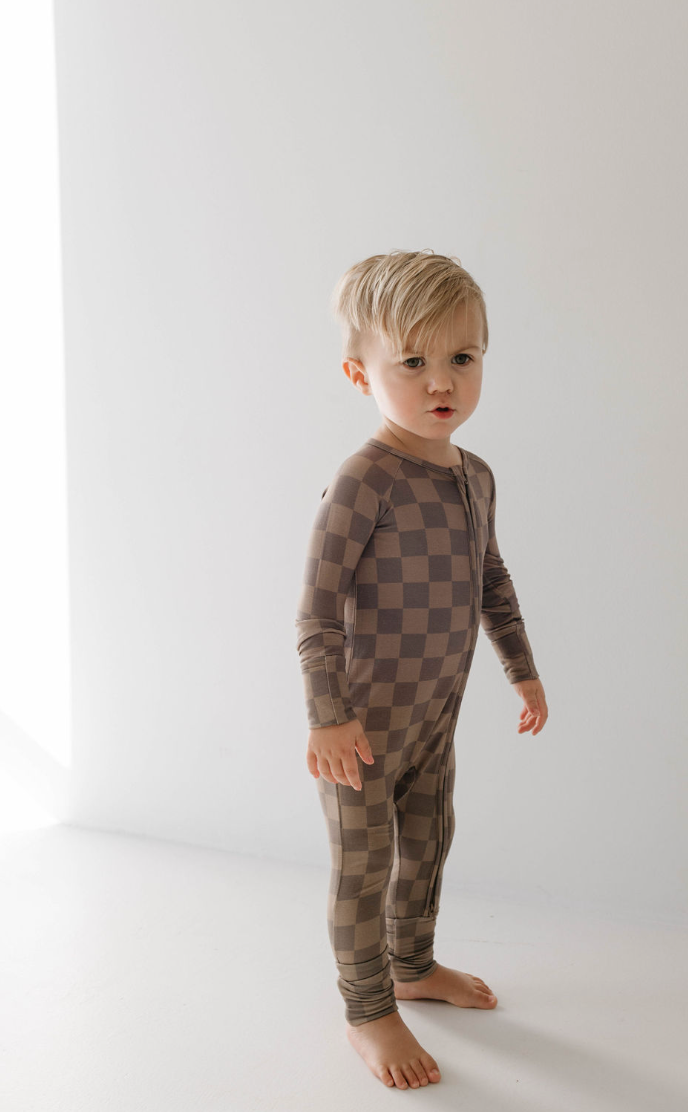 Bamboo Zip Pajamas | Faded Brown Checkerboard: 0-3 Months