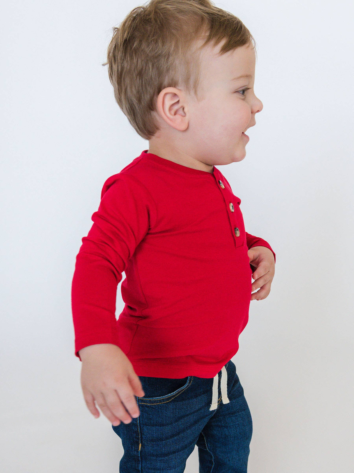 Boys Red Knit Long Sleeve Henley Tee: Red