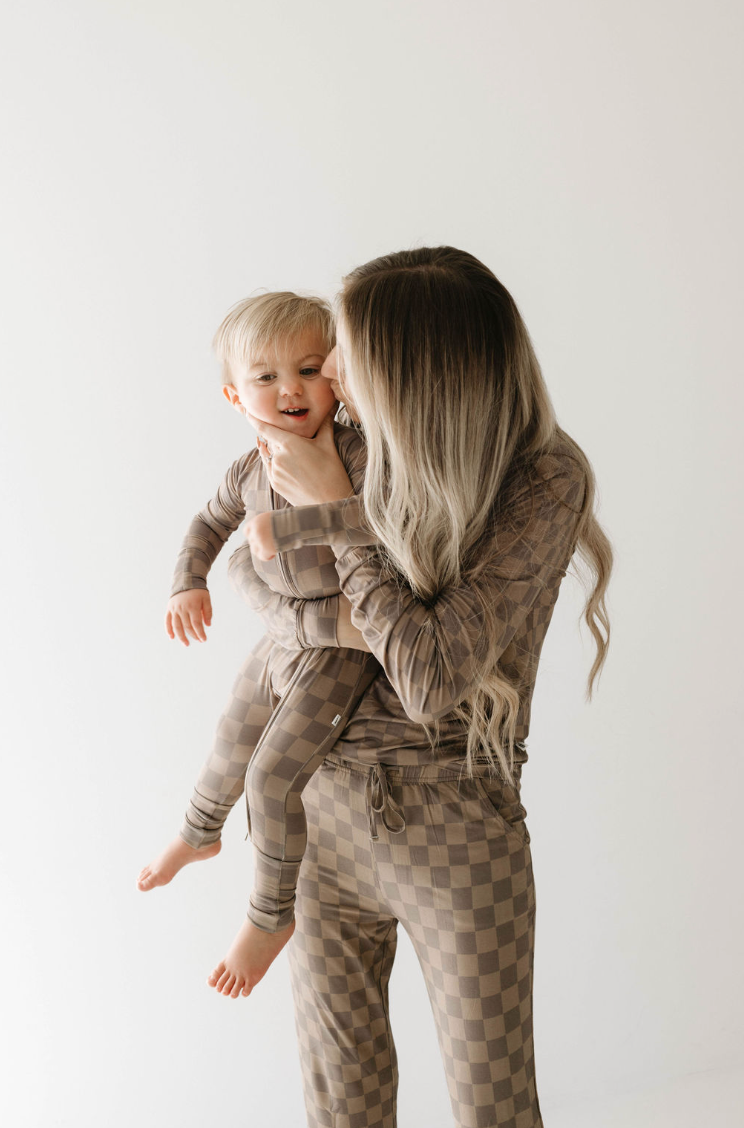 Bamboo Zip Pajamas | Faded Brown Checkerboard: 18-24 Months