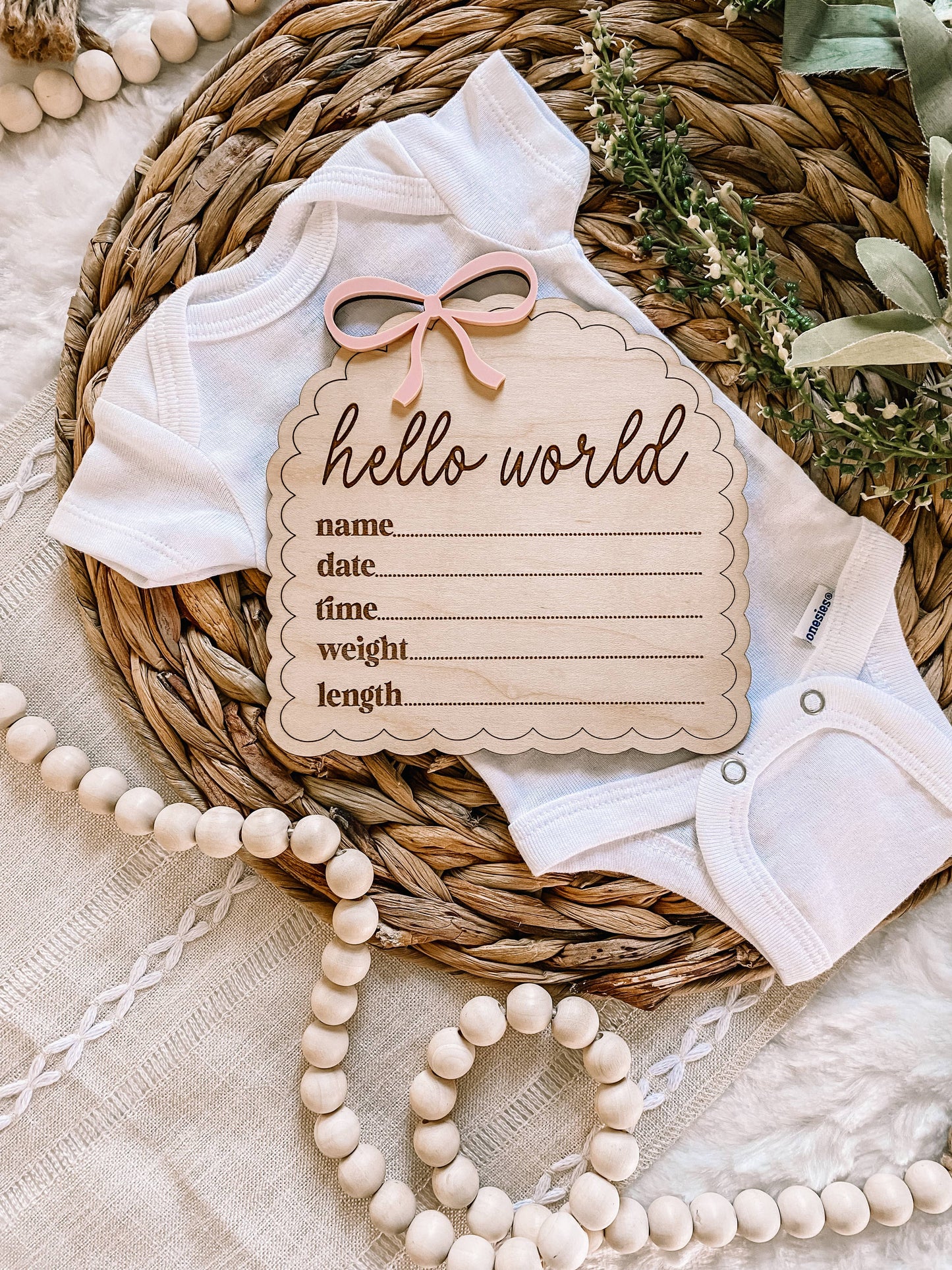 Hello World Birth Stat Sign - Dainty Bow: Blush
