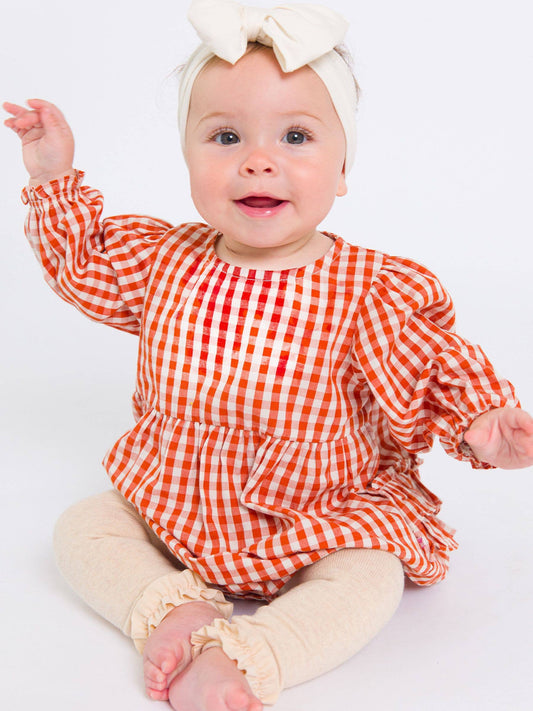 Baby Girls Classic Rust Gingham Woven Long Sleeve Bubble Romper: Orange