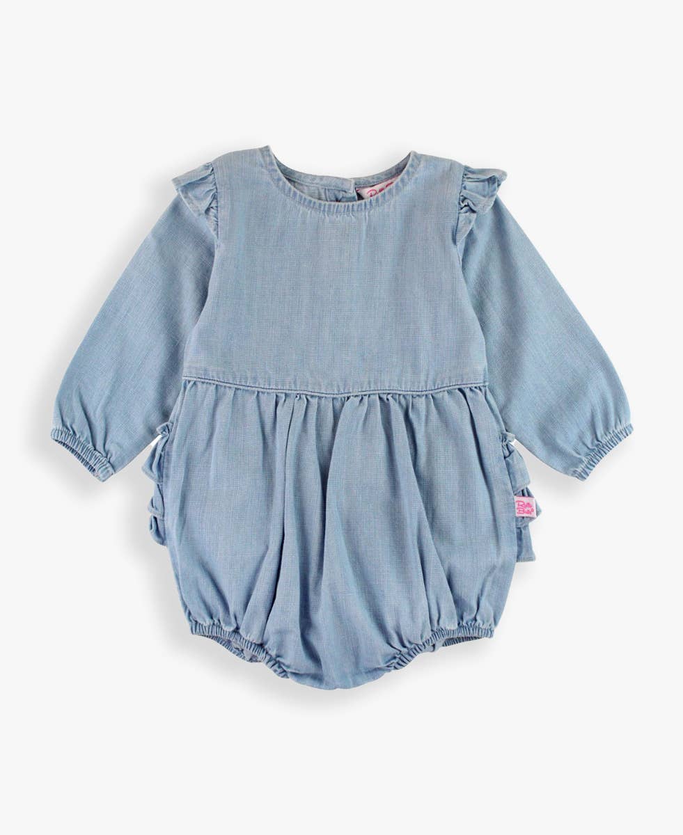 Baby Girls Light Wash Long Sleeve Flutter Bubble Romper: Blue