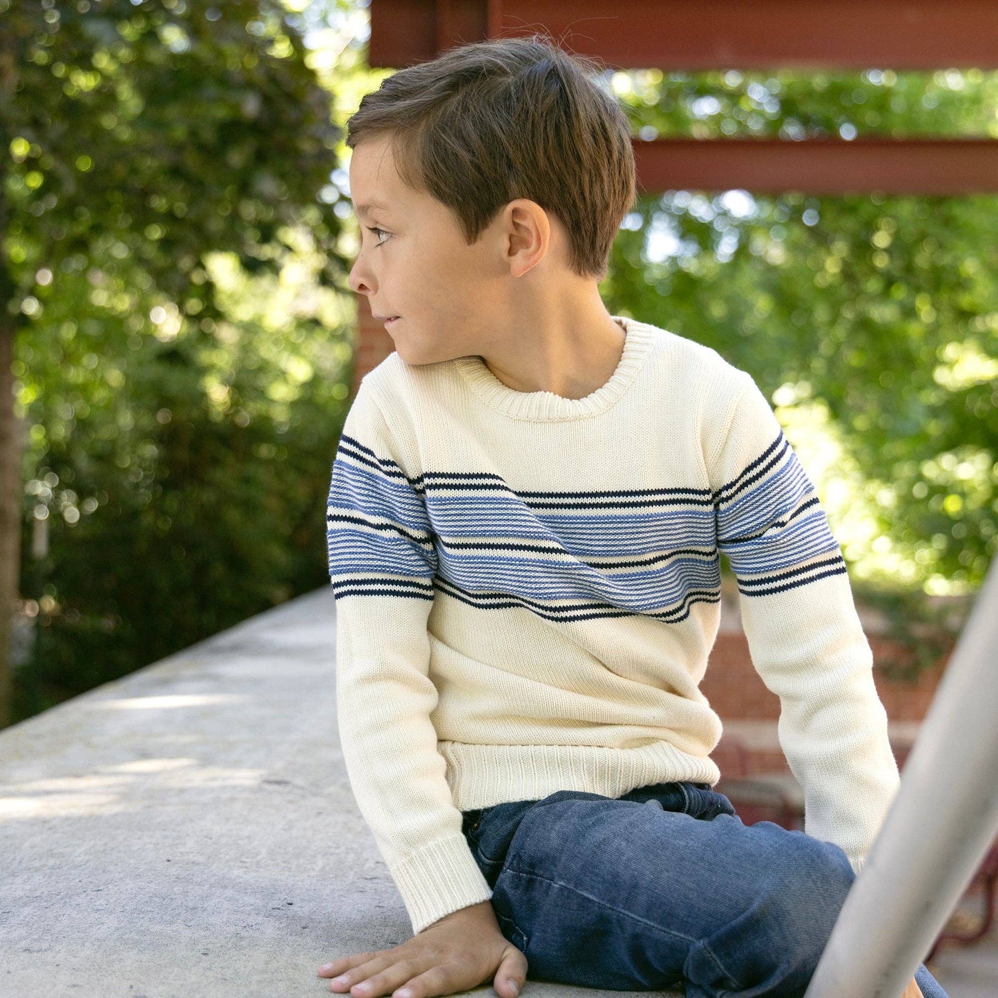 Organic Crewneck Sweater: Ivory and Blue Chest Stripe