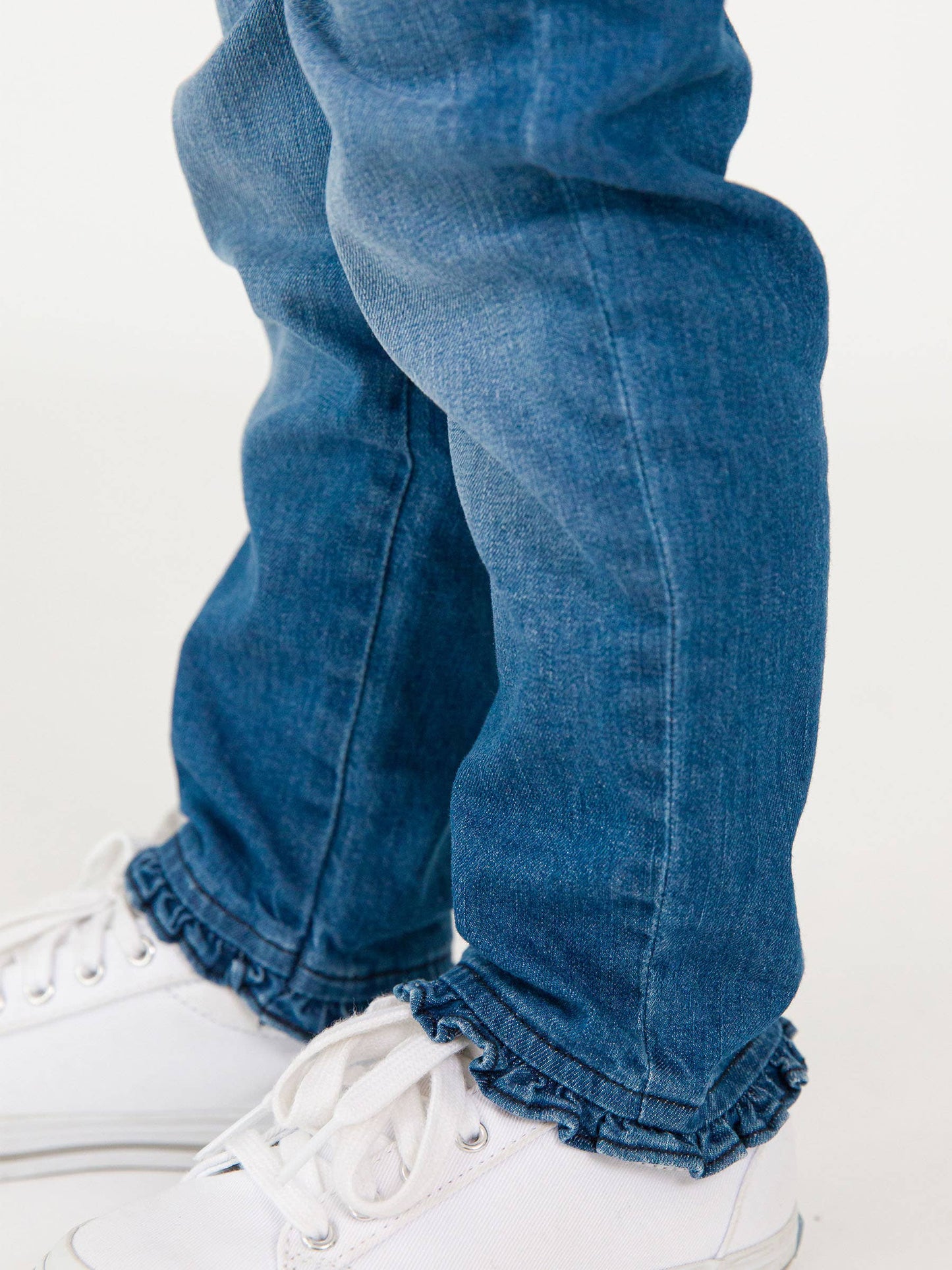 Girls Medium Wash Stretch Denim Ruffle Straight Jeans: Blue / 18-24m