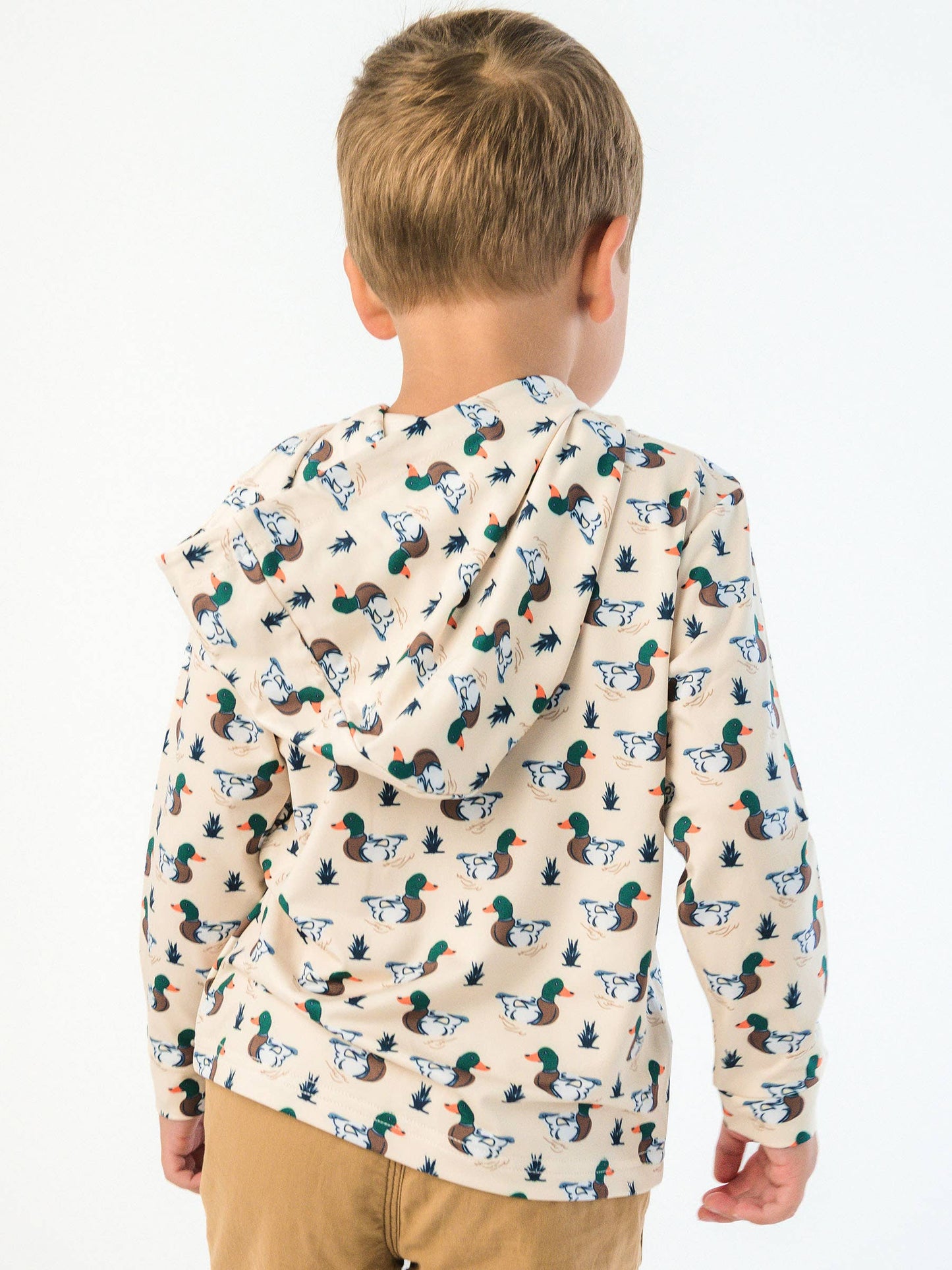 Boys Mallard Marsh Duck Performance Hooded Shirt: Off-White