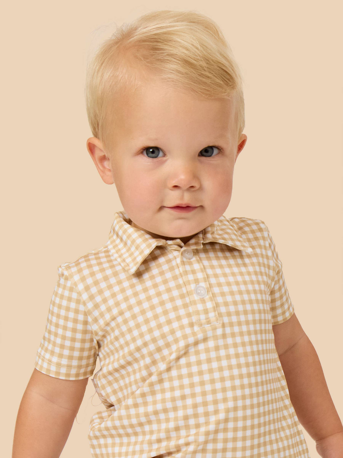 Boys Khaki Mini Gingham Knit Short Sleeve Performance Polo: Brown