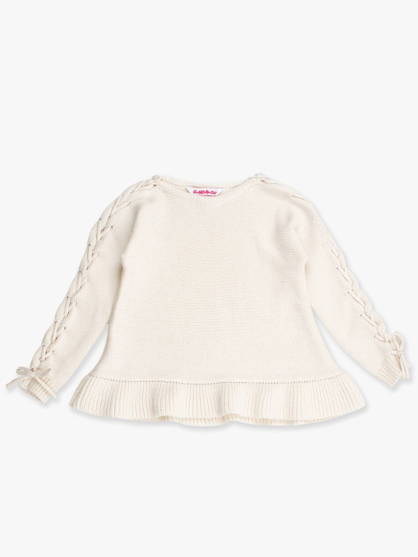 Girls Ivory Ruffle Hem Lace Up Sweater: Off-White