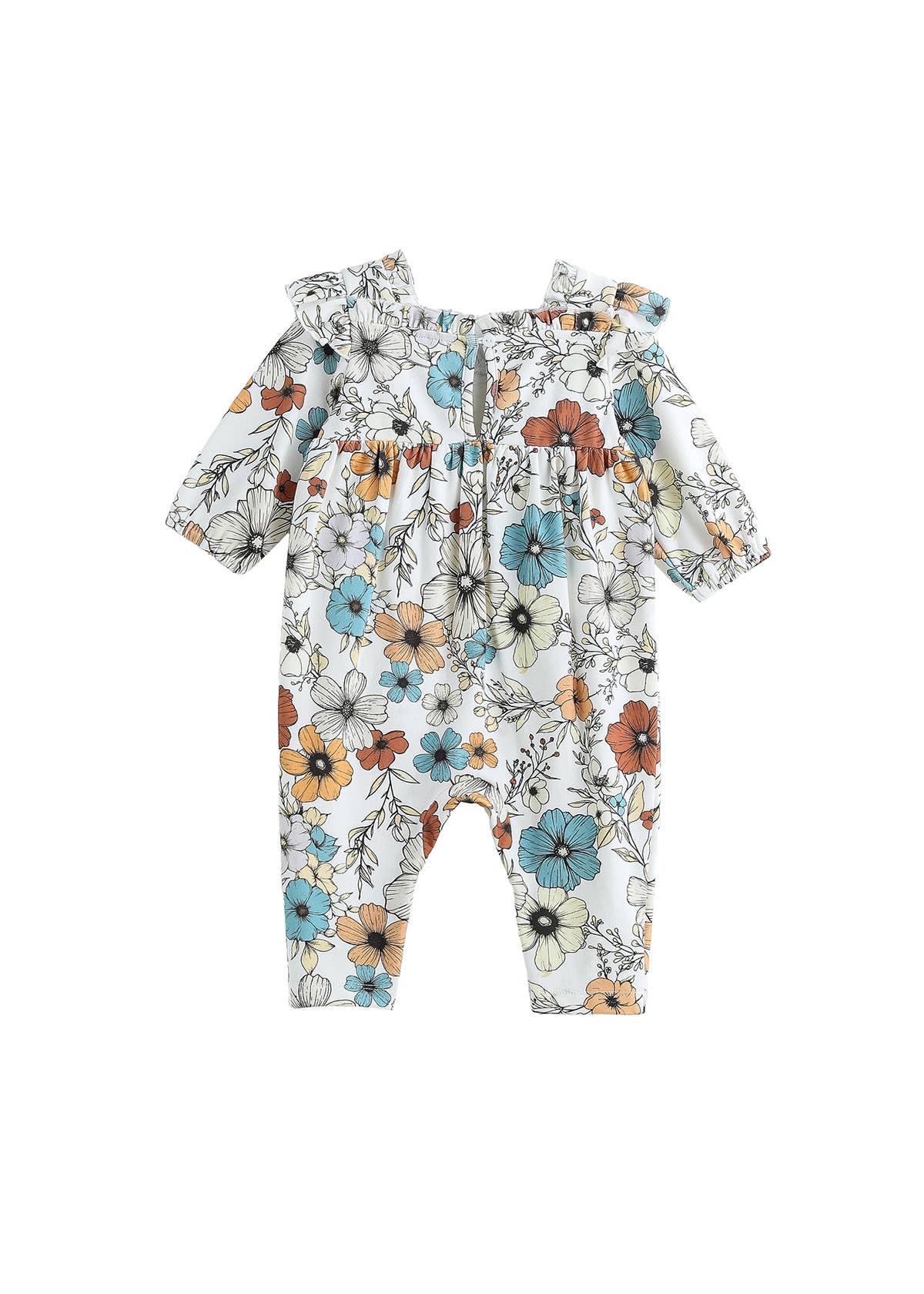 Autumn Blooms Floral Ruffle Neck Straight Leg Romper: Creme