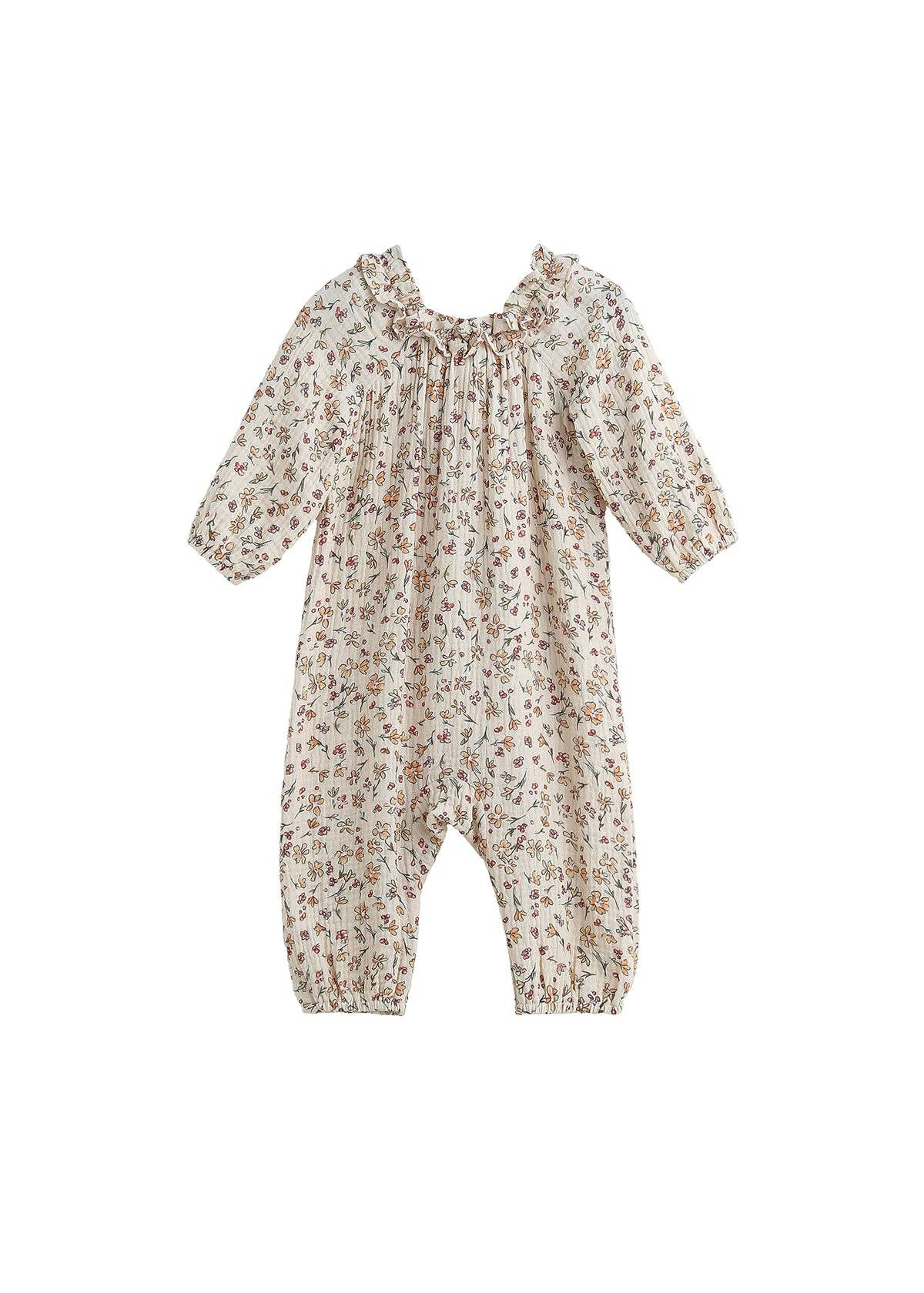 Autumn Breeze Long Sleeve Floral Ruffle Collar Romper: Red