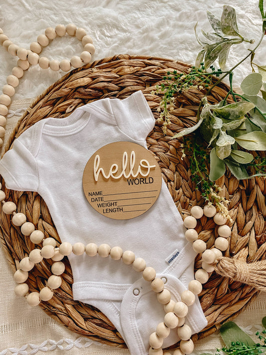 Hello World Birth Stat Announcement Wood Disc - Layered 3D: Ivory / 6 inch