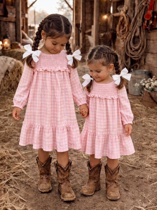 Smocked Ruffle Tiered Dress, Pink Gingham